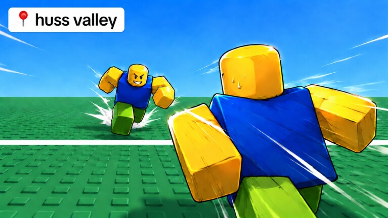 Huss Valley Roblox thumbnail showing a Runner fleeing a grinning Chaser across a green field